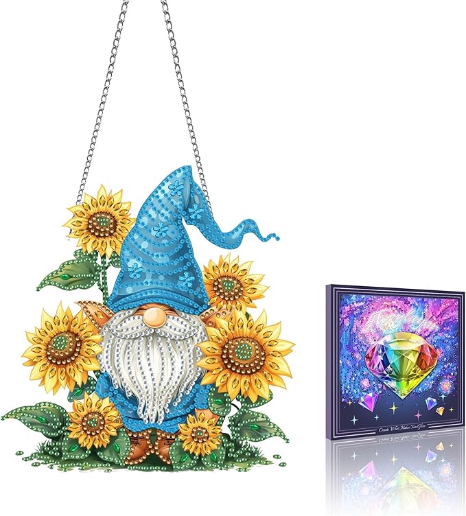 VAIIEYO Dwarf Gnome Diamond Art Hanging Ornament, Sunflower Diamond Painting Suncatchers Window Hanging Kit with Chain, 7.5x7.5 inch Crystal Pendant Art Craft for Gift Home Wall Front Door Decoration