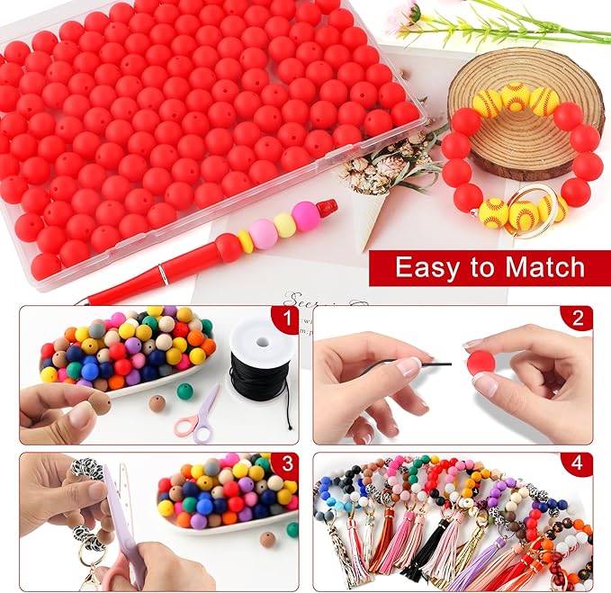 150Pcs 15mm Silicone Beads for Keychain Making Bracelet Necklace, Bulk Round Silicone Beads for Pens（Scarlet Red）