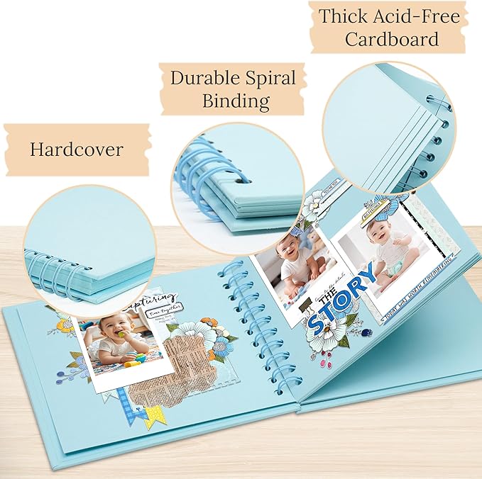 Polaroid Scrapbook Photo Album, 6.3"x6.3" DIY Scrapbook Album Hardcover Kraft Paper with 20 Sheets 40 Pages, Stylish Memory Book for Wedding, Anniervsary, Family, Travel, LightBlue