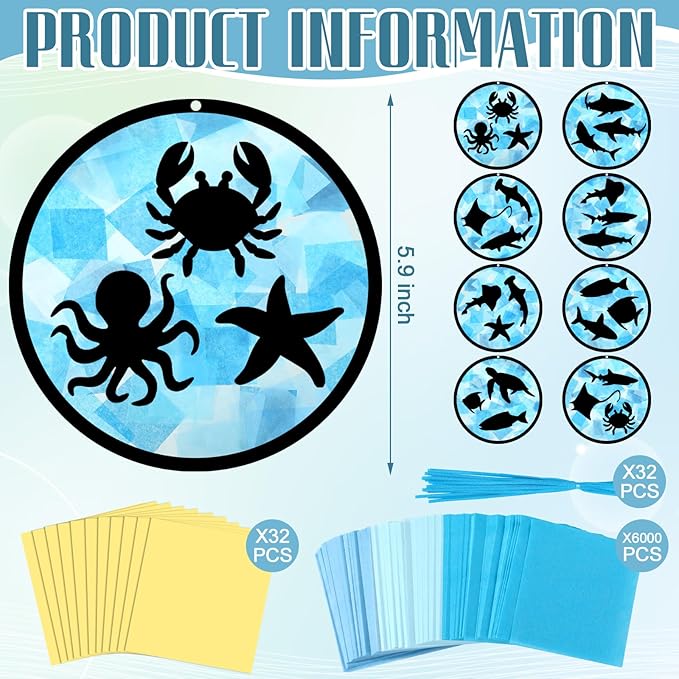 30 Pcs Ocean Fish Suncatchers Paper Craft Set Sea Ocean Shark DIY Stained Glass Effect Tissue Paper Kits Gift Bulk for Summer Activities Art Party Decor