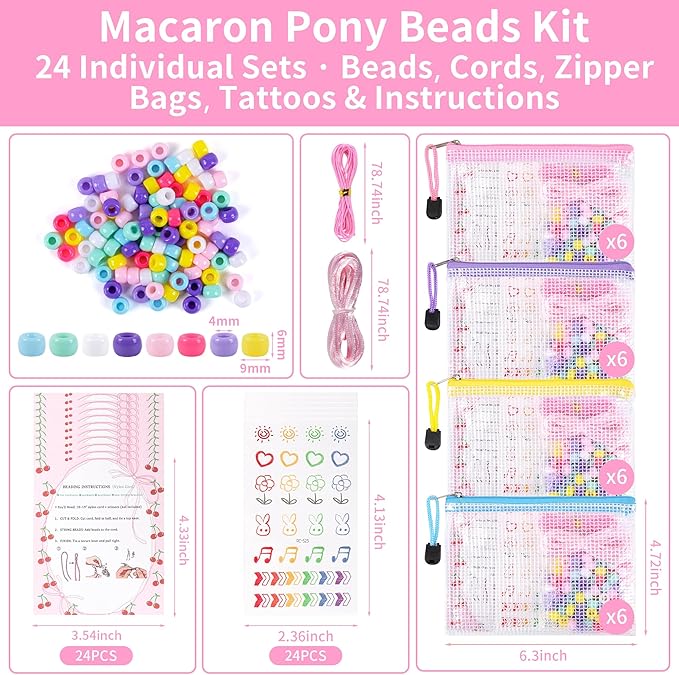 Rujiaoa Pony Bead Kit, 24 Pack Bulk Bracelet Making Kits for Party & Classroom Activities, Pre-Packed Group DIY Set with Beads, Cords, Bags & Instructions