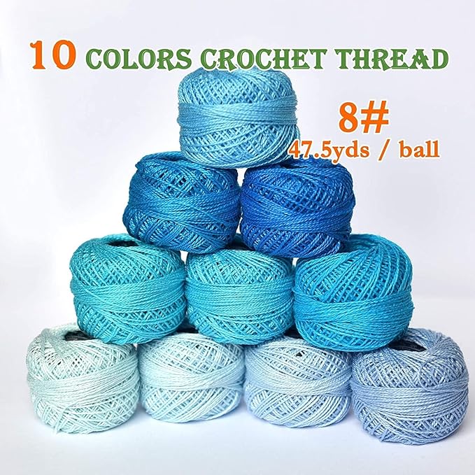 Size 8 Crochet Thread 10 Colors for Crochet Hardanger Cross Stitch Needlepoint Hand Embroidery (New Blue Series)