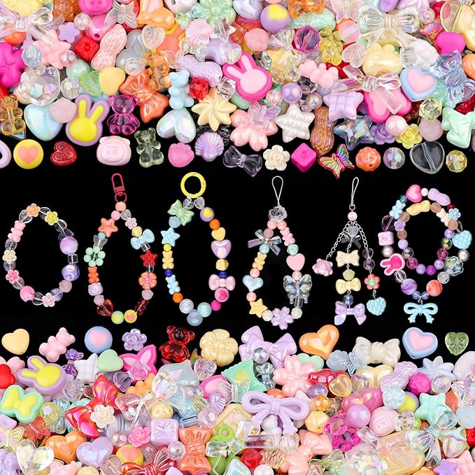 200-260PCS TINKRSTUFF Assorted Acrylic Beads Colorful Cute Beads for Bracelet Making, Bow Flower Butterfly GummyBear Kawaii Charms, Aesthetic Bead for Necklace Keychain Jewelry Making DIY Phone Charm