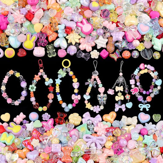 200-260PCS TINKRSTUFF Assorted Acrylic Beads Colorful Cute Beads for Bracelet Making, Bow Flower Butterfly GummyBear Kawaii Charms, Aesthetic Bead for Necklace Keychain Jewelry Making DIY Phone Charm