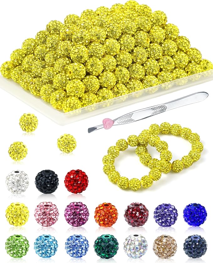 120PCS FIVEIZERO Rhinestone Beads for Jewelry Making, 10mm Citrine Shiny Round Sparkle Crystal Clay Bead Bulk Sparkly Baseball Necklace Beads for Bracelets and DIY Crafts