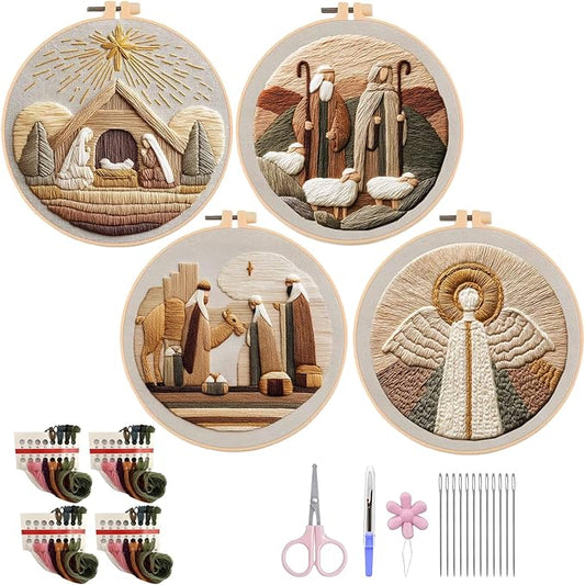 Nativity Embroidery Kit for Adults, Pre-Stamped Pattern Embroidery Kit for Beginners, DIY Hand Needlepoint Starter Kit with Hoop Thread Needle Instruction, 7.87'' Hoop (Christian 4 Packs)