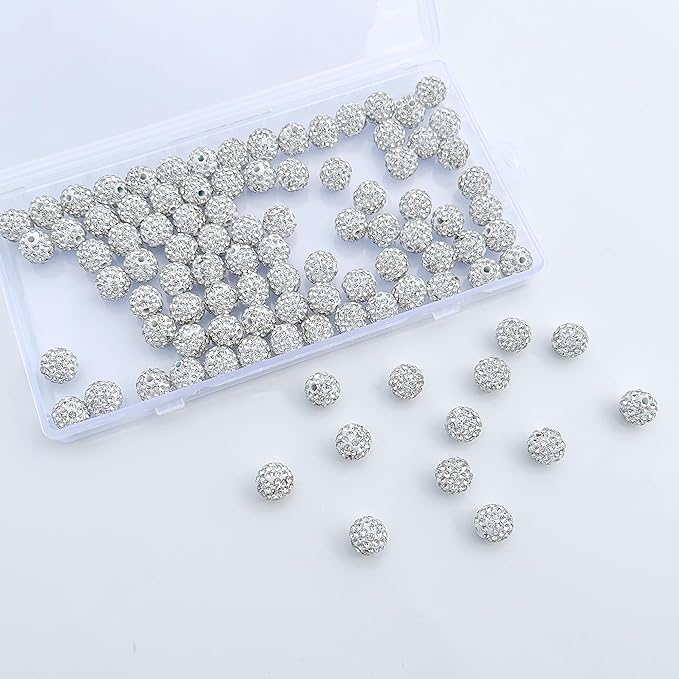 100 pcs 10mm Rhinestone Beads for Jewelry Making, White Shiny Round Disco Ball Beads, Bulk Clay Rhinestone Bead Sparkle Crystal Diamond Bead for Bracelet Necklace Earring Crafting