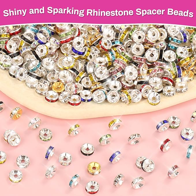 shynek 800 Pieces Rondelle Spacer Beads for Jewelry Making, 6mm Rhinestone Spacer Beads for Beaded Pens, Crystal Bead Spacers for Jewelry Making, Bracelets (10 Colors)
