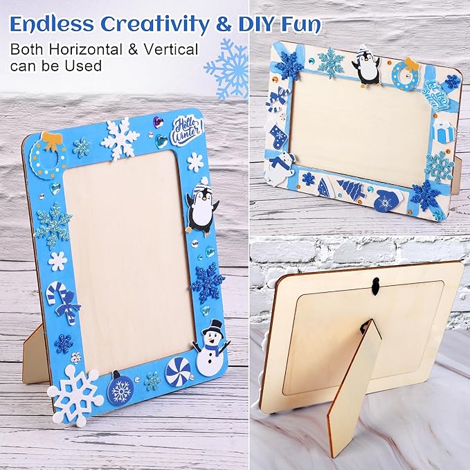 Fovths 12 Packs Winter Picture Frame Painting Craft Kit Frozen Wooden DIY Photo Frame for 4 x 6 inch Photo with 100 Snowflake Stickers Rhinestone Stickers 4 Brushes Set for DIY Paint and Decorate