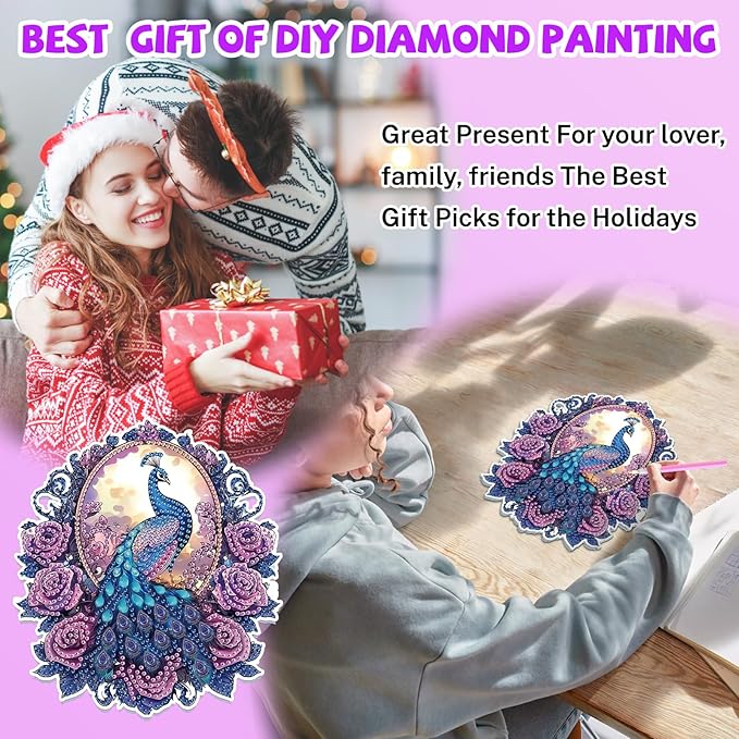 Bowetile Peacock Diamond Art Hanging Kits for Adults, 5D Special Shape Diamond Painting Flowers Pendant Kits, Animal Gem Art Suncatchers Painting Window Ornament for Home Garden Wall Decor