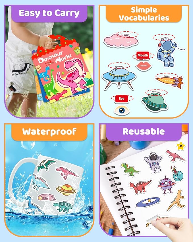 benresive reusable sticker books for kids, sticker books for toddlers, toddler travel toys activities crafts ages 3 and up birthday gifts - dinosaurs, space and body