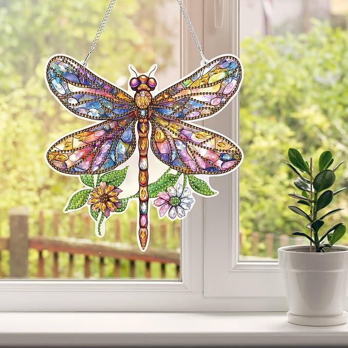 HEIBAGO Dragonfly Hanging Diamond Art Kits for Adults, Special Shaped Crystal Diamond Painting Ornament Kit, DIY Double-Sided Pattern Window Pendant Gem Art Kit for Home Wall Decor 8.3x8.3inch