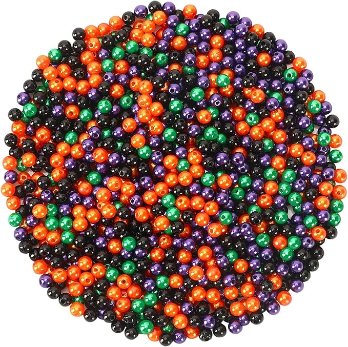 UPINS 1200Pcs Halloween Beads Round 6mm Black Purple Orange Green Pearl Beads for Jewelry Making Halloween Mardi Gras Party Decoration Necklace Bracelets Hair Beads DIY Crafts (4 Colors)