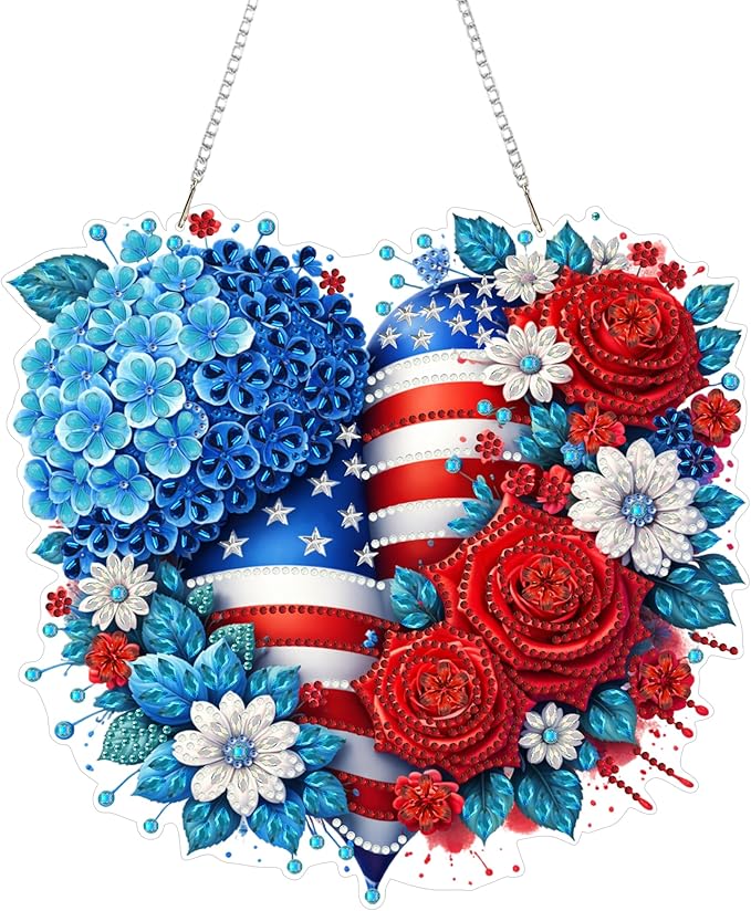 Eiflow Acrylic Diamond Art Hanging Kit for Adults 4th of July, DIY Diamonds Painting Door Hanging Board Kit, Special Crystal Diamond Art Painting Pendant Ornament (Heart)