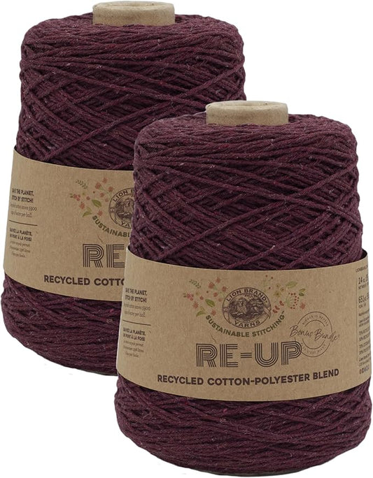 Lion Brand Yarn Re-Up Bonus Bundle Cotton Blend Yarn for Knitting and Crochet, Pomegranate, 2 Pack