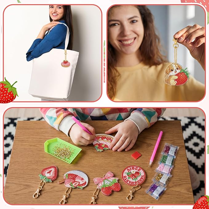 Huquary 30 Pcs Diamond Painting Keychains Strawberry Diamond Art Berry Party Crafts Favor 5d Double Sided Keychains for Adult Beginner DIY Crafts Party Gift