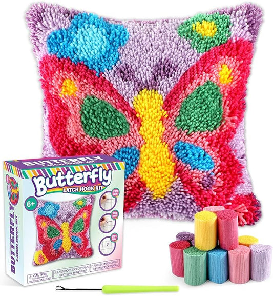 Butterfly Latch Hook Kit Butterfly Floral Pillow DIY Valentine Craft Kit for Kids Adults Beginners Making Your Own Pillow Craft Printed Pillowcase Crochet Yarn Art Handmade Cushion Gift for Sofa Decor