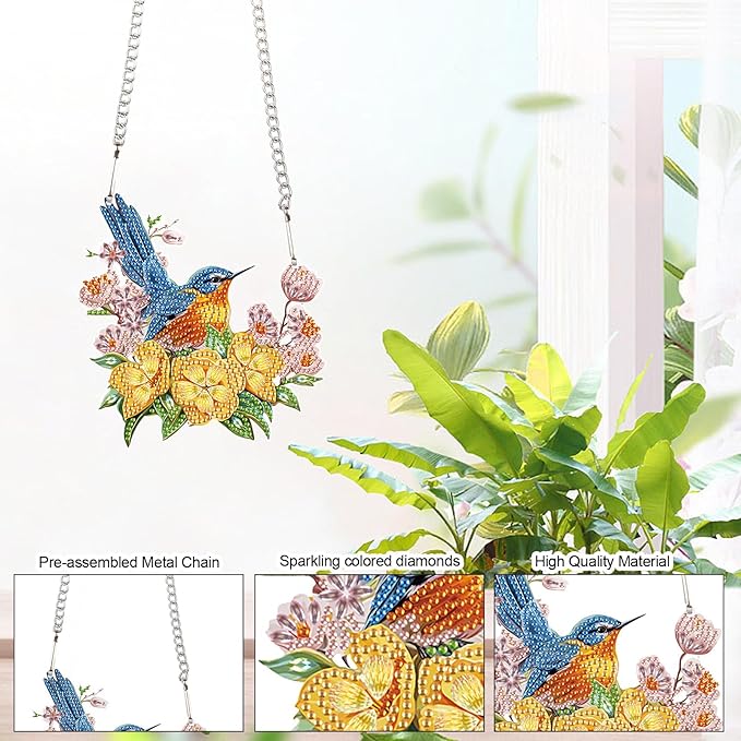DIY 5D Bird Flower Diamond Art Painting Kits Hanging Sign Wall Art Sign Special Shaped Diamond Art Window Hanging Ornament Pendants Home Garden Wall Door Hanging Diamond Art Kits Valentine's Day Gift
