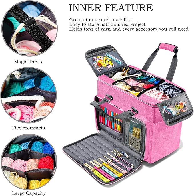 Knitting Bag, Large Yarn Storage Organizer, Crochet Bags and Totes, Yarn Bags for Crocheting, Yarn Holder Case for Knitting Needles, Crochet Hooks, Knitting Accessories, Unfinished Project