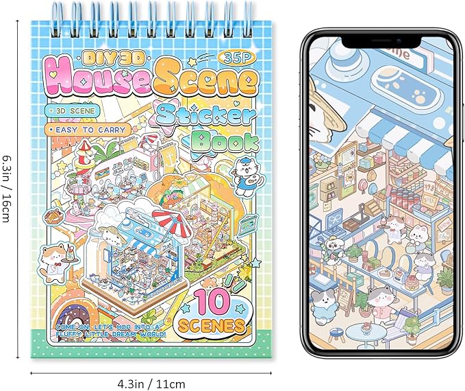 10 Sets DIY 3D House Stickers, Scene Miniature Sticker Book, Cute Cartoon Scenes for Women Girls Teen Kids, Make Your Own Sticker, Fun Room BookRelief Stress Pass The Time