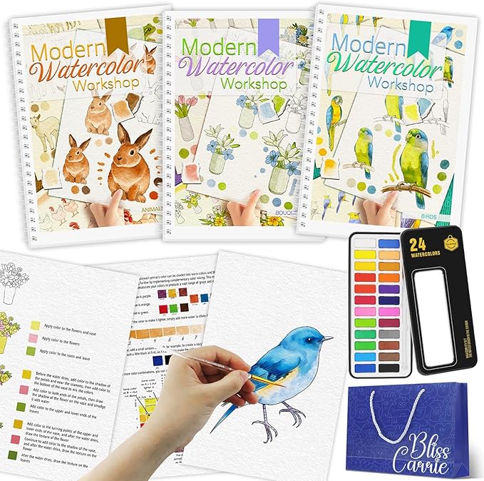 3Pcs Watercolor Workbook Paint Book Beginner Friendly Painting Kit, 36 Pages Workbooks with 24 Paint Colors & Brush for Beginners, Stress-Relieving Gift for Women Adults (Bouquet&Animals&Birds)