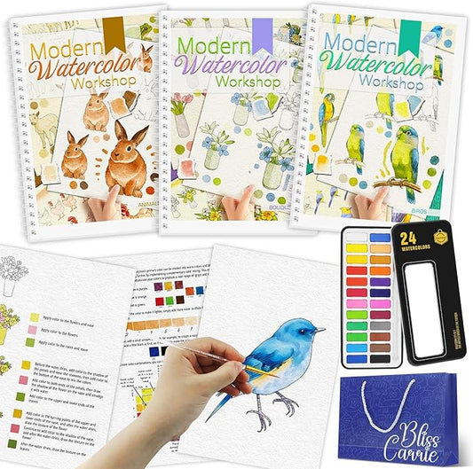3Pcs Watercolor Workbook Paint Book Beginner Friendly Painting Kit, 36 Pages Workbooks with 24 Paint Colors & Brush for Beginners, Stress-Relieving Gift for Women Adults (Bouquet&Animals&Birds)