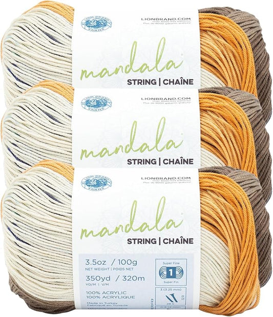 Lion Brand Yarn Mandala String, Fingering Yarn for Knitting and Crochet, Country, 3 Pack