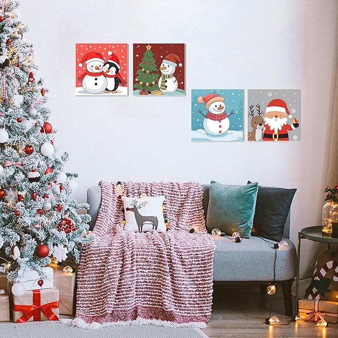 DOMROM 4 Pack Framed Paint by Numbers Penguin for Kids Beginners, Adult Paint by Number Kits Santa on Canvas, Acrylic Number Painting Christmas Craft Kits for Gift Home Decor 8x8in