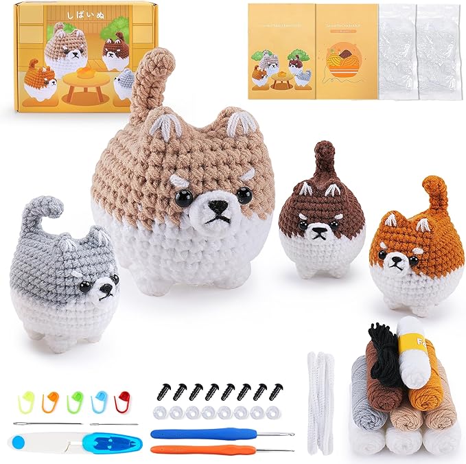 Crochet Kit for Beginners- 4 PCS Fat Shiba Inu Crochet Kits for Adults, 4PCS Corgi Dog Crochet Animal Kit with Step-by-Step Video Tutorials, Yarn, Crochet Hook, Instructions DIY Knitting Kit