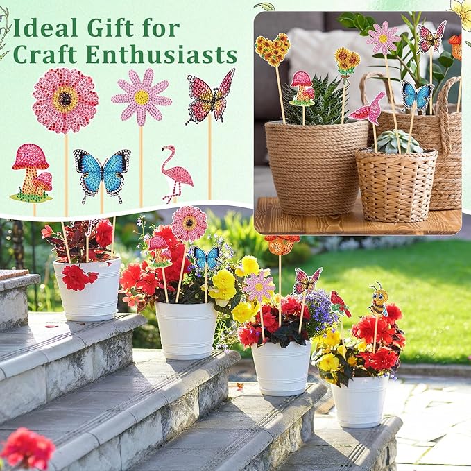 Sliner 20 Pcs Diamond Art Kits for Adults for Garden Decor with Butterfly, Hummingbird, Flowers, Bee, Mushrooms, Diamond Art Kit with Stakes Dot Ornaments Kits for Outdoor Yard Decoration Crafts