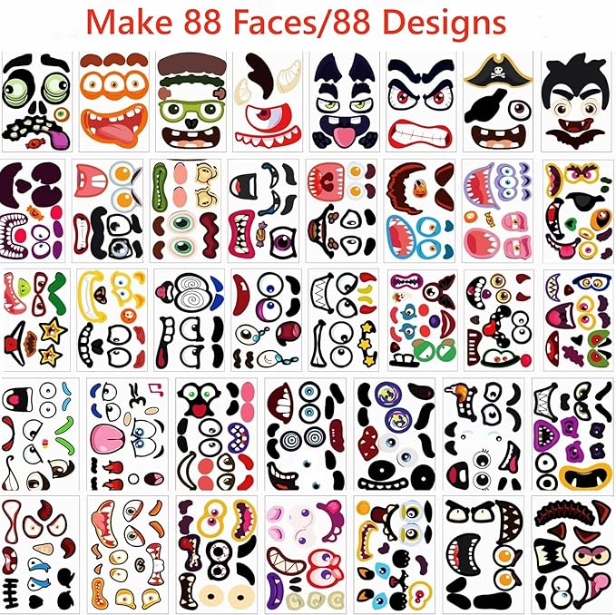 88 Pack Halloween Pumpkin Decorating Stickers, 3 Different Sizes Face Decor Stickers for All Pumpkins, Decorating Painting Craft Kit for Kids Halloween Party Decorations Treats Party Favors Supplies