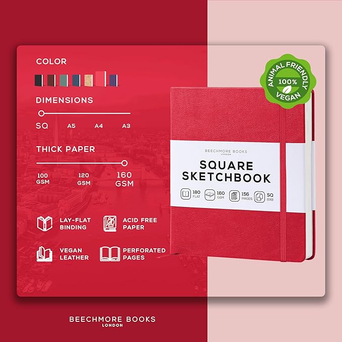 Beechmore Books Square Mixed Media Sketchbook - 8x8 Inch Professional Art Journal, 160 GSM / 98 lb Ivory Paper, Perforated Pages, Vegan Leather Hardcover, Lay-Flat Design for Drawing & Doodling