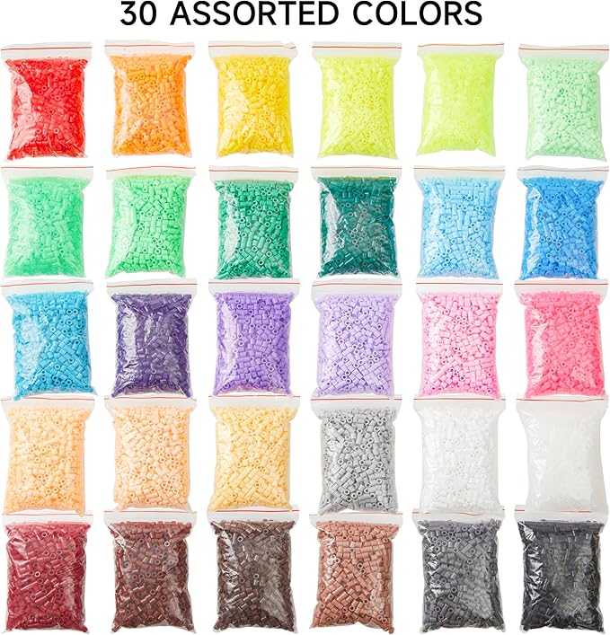inscraft 30,000 fuse beads kit-30 individual packs of iron beads set with 3 pegboards, 5 ironing paper, 10 patterns, gifts for birthday christmas, multicolor 5mm melty beads bulk refill kit
