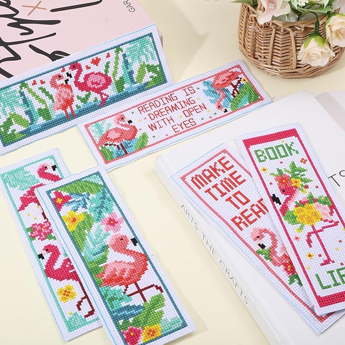 ORIGACH 6 Pcs Cross Stitch Bookmark Kit for Beginner Flamingo Bird Pattern Stamped Embroidery Stitch Kits for Starter DIY Bookmarks Printed Cross Stitch Kits for Book Lovers