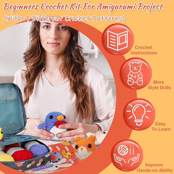 coopay crochet kit for beginners: 4 in 1 crochet animal kit - penguin, chick, rabbit & fox, crochet set beginner crochet starter kit for adults, learn to crocheting knitting kit includes instructions