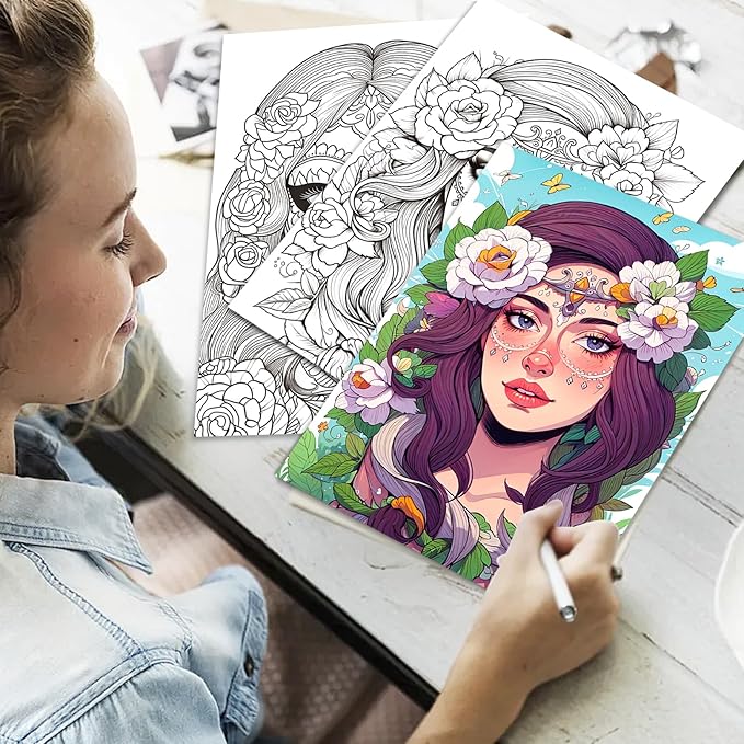 Sugar Skull Women Coloring Book for Adult Spiral Bound, Adult Coloring Book for Women Relaxation, Thick Paper 24 Pages One Sided Design, Mindfulness Easter Gifts for Adults