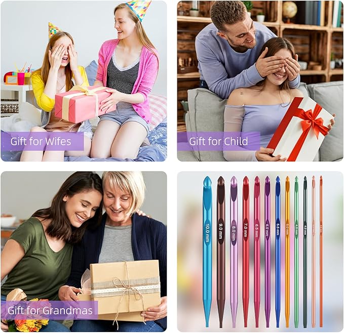 AIYUNDI Tunisian Crochet Hooks Set with Cable, 6-Inch Aluminum Interchangeable Crochet Hooks 3mm-10mm, Long Crochet Hooks, Lightweight, Anti-Twist Swivel Cables, Ergonomic, Multicolor 26 PCS