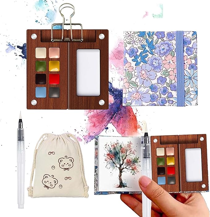 Mini Travel Watercolor Paint Set - Wooden Palette Box with 8 Colors Watercolor Paint, 300GSM Watercolor Notebook, Water Brush Pen & Clip, Pocket Watercolor Kit Mini Paint Set for Adults Artists Students Beginners