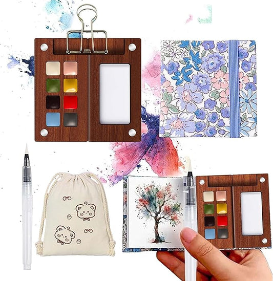 Mini Travel Watercolor Paint Set - Wooden Palette Box with 8 Colors Watercolor Paint, 300GSM Watercolor Notebook, Water Brush Pen & Clip, Pocket Watercolor Kit Mini Paint Set for Adults Artists Students Beginners