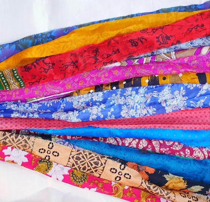 21 Yards Unstitched Recycled Sari Silk Yarn Ribbon Tassels 21 Strips SKEINS Shades Recycled Journal Scrapbook Craft Project Decor DS360 (Sari Silk, 21 Yard)