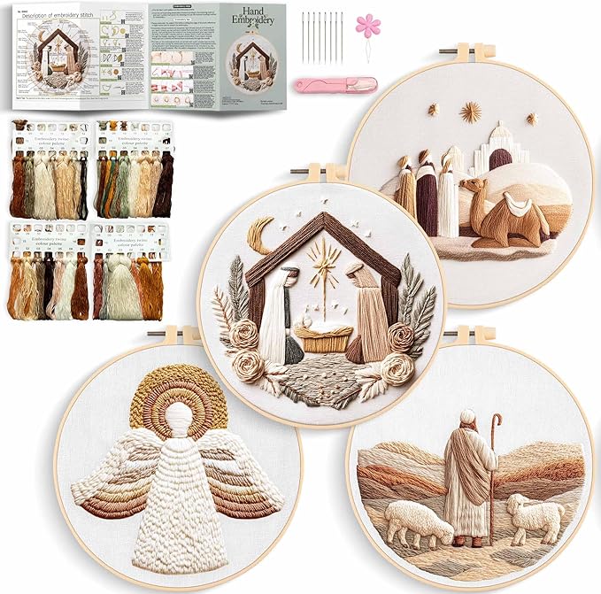 REEWISLY 4set Christmas Embroidery Kit for Adults Beginners, 4 Nativity Patterns with 2 Hoops, Cross Stitch Kits for Beginners, Embroidery Starter Kit with Floss & Needles