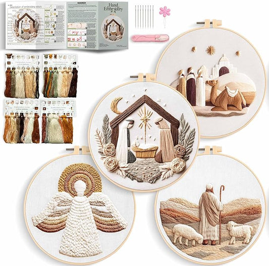 REEWISLY 4set Christmas Embroidery Kit for Adults Beginners, 4 Nativity Patterns with 2 Hoops, Cross Stitch Kits for Beginners, Embroidery Starter Kit with Floss & Needles