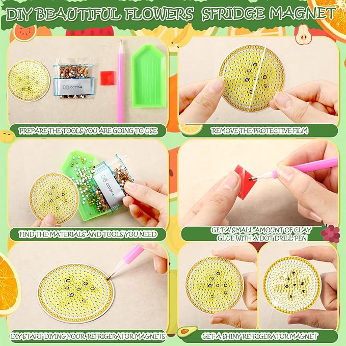 Motipuns 30 Pcs Fruit Magnetic Diamond Art Colorful Diamond Painting Magnets Kits Adult DIY Art Fridge Magnet Refrigerator Sticker for Beginners Gifts Home Car Garage Decors