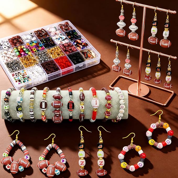 1800+PCS Football Beads Jewelry Making Kit – Acrylic & Polymer Clay Sports Charms, Heishi & Spacer Beads, Letter/Number Beads – DIY Football Bracelets, Necklaces, Keychains, Lanyards Sport Fan Crafts
