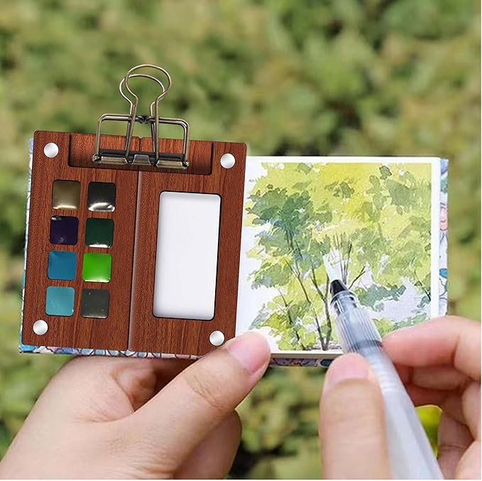 Mini Paint Palette Travel kit - Mini Watercolor Palette Set, Pocket Artist Water Color travel Set with Colours, Binder Clips, Watercolor Pens, Wooden Paint Box for Painters Artists Students