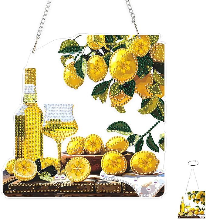 TOSTOG Lemon Drink Diamond Art Pendant Kit for Adult, Yellow Diamond Painting Hanging Kit for Beginners, 5D DIY Crafts Gem Art, Waterproof Full Accessories for Home Decor Idea 20 * 20 cm/8 * 8 in