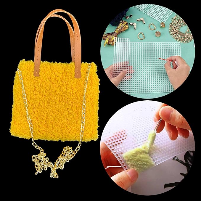Allazone 39 PCS Clear Plastic Mesh Canvas Sheets for Embroidery, Plastic Canvas Plastic Mesh Sheets with 2 Color Acrylic Yarn for DIY Sewing Bag
