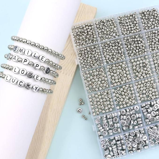 Hpebl 1320PCS Smooth Round Silver Beads for Bracelet Making Kits 4MM/6MM Jewelry Making Supplies Silver Letter Beads for Jewelry Making Kit with 2PCS Crystal String 1PCS Scissors for Adult