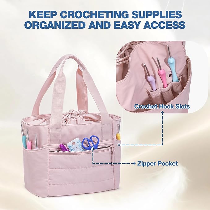 Teamoy Small Knitting Bag Tote, Puffer Yarn Storage Bag, Drawstring Crochet Bag Organizer for Yarn Skeins and Crocheting Supplies, Pink