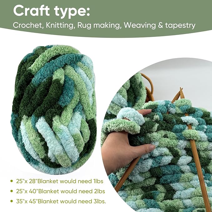 8 Jumbo Packs Chunky Chenille Yarn for Crocheting, 31.7 yds, 8 oz Each Skein Bulky Thick Fluffy Yarn for Knitting, Super Bulky Chunky Yarn for Hand Knitting Blanket, Soft Plush - Muti Green